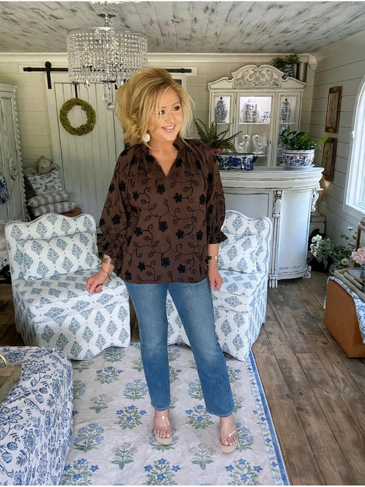 Brown Texture Fabric Floral Embroidered Top