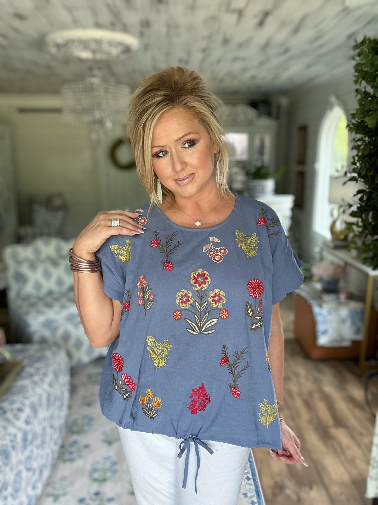 Denim embroidered botanical top