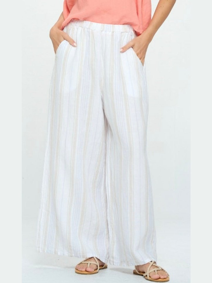 Match Point Linen White Striped Palazzo Pants