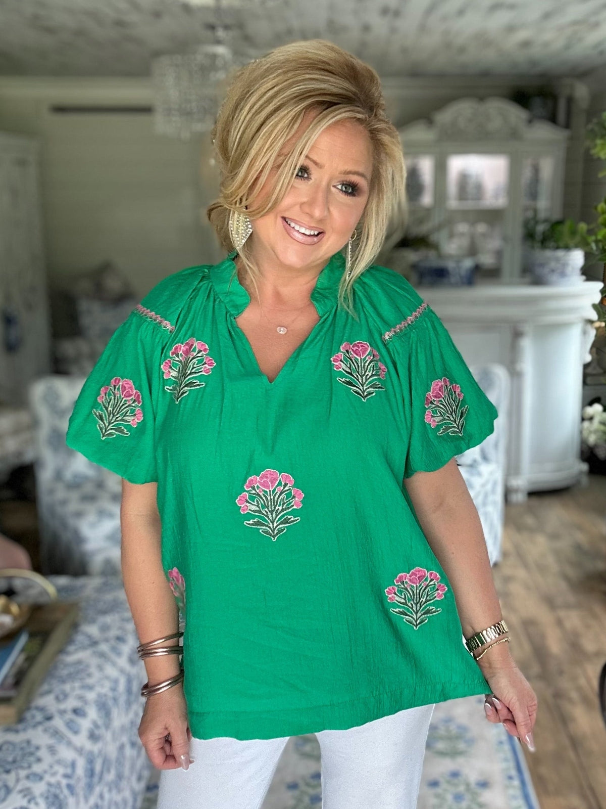Kelly Green embroidered floral puff sleeve blouse
