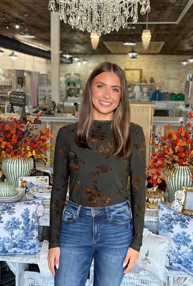 Olive Floral Mock Neck Long Sleeve Top