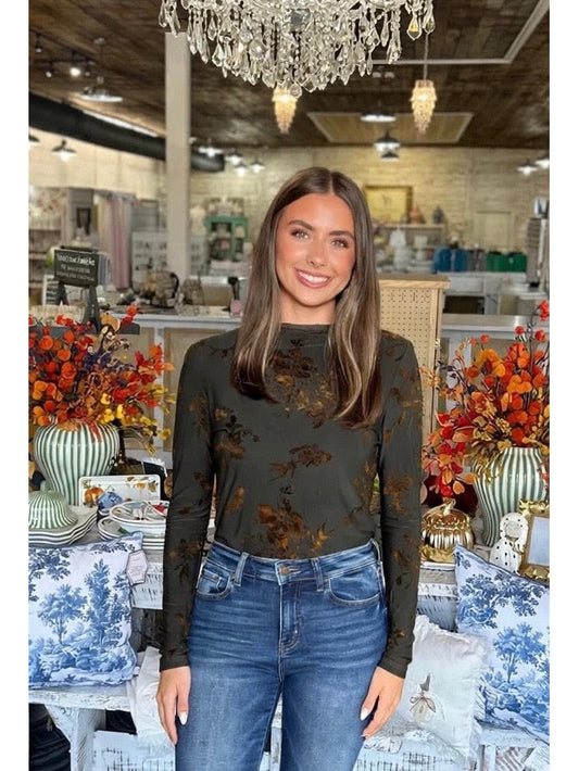 Olive Floral Mock Neck Long Sleeve Top