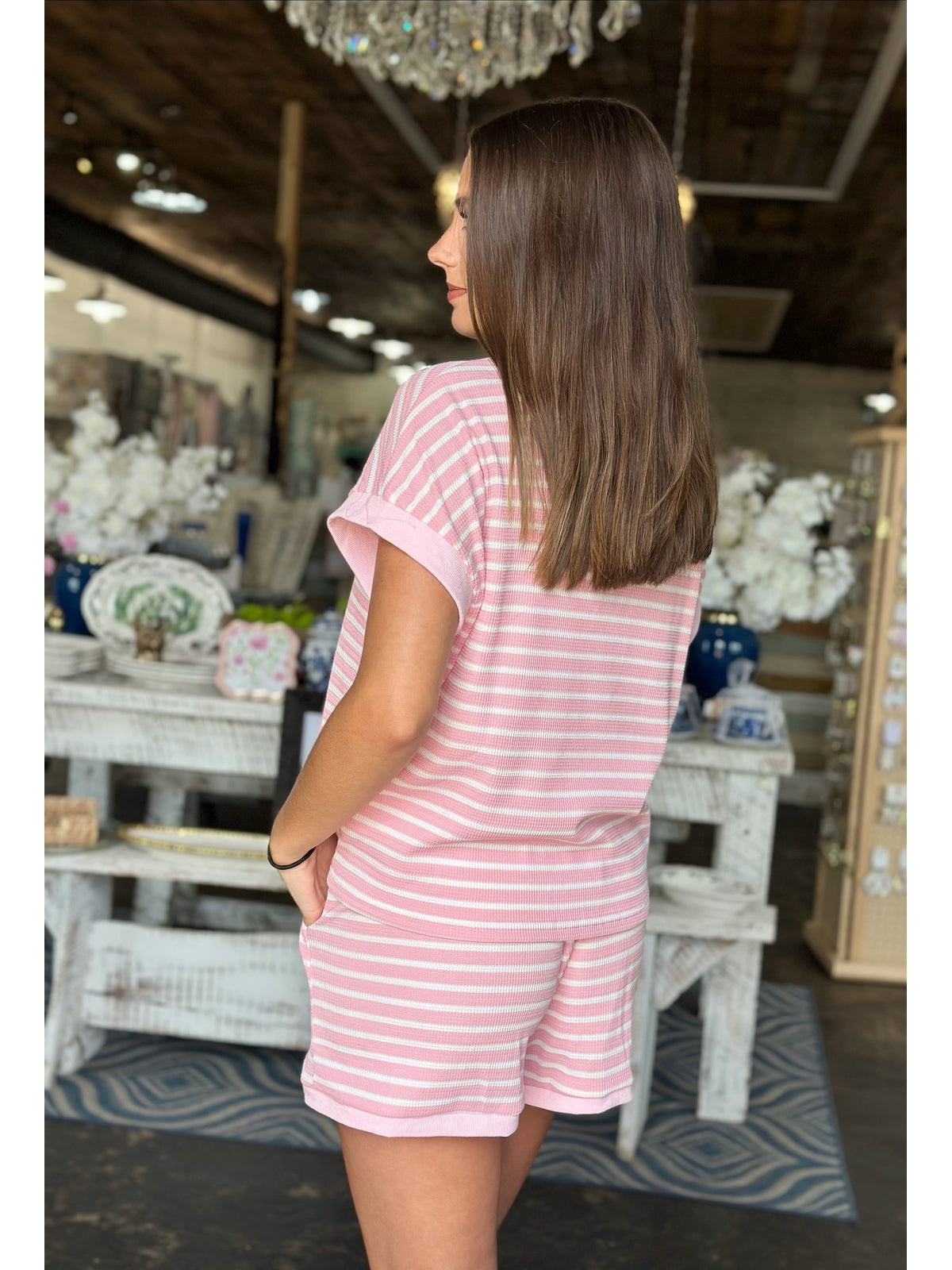 PINK STRIPED SHORT SLEEVE TOP & SHORTS LOUNGE SET