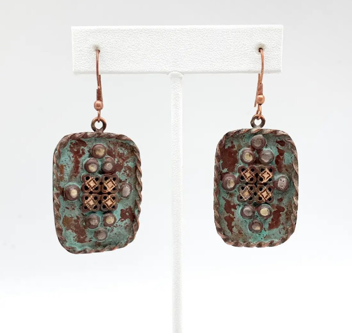 Copper Patina Earrings - Rivets in Turquoise Rectangle