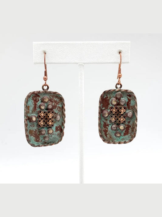 Copper Patina Earrings - Rivets in Turquoise Rectangle