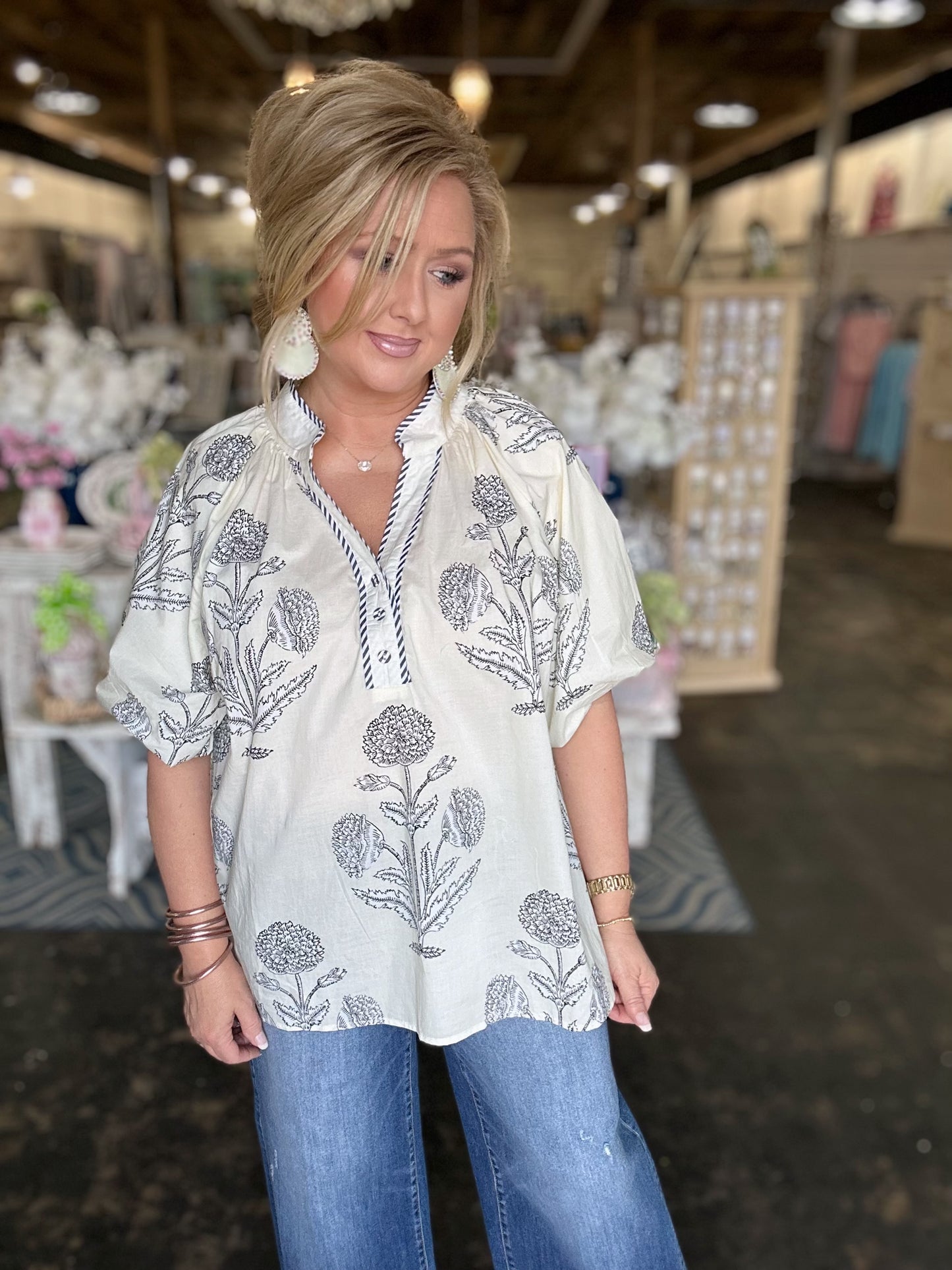 Ecru/Black Floral V-neck Top
