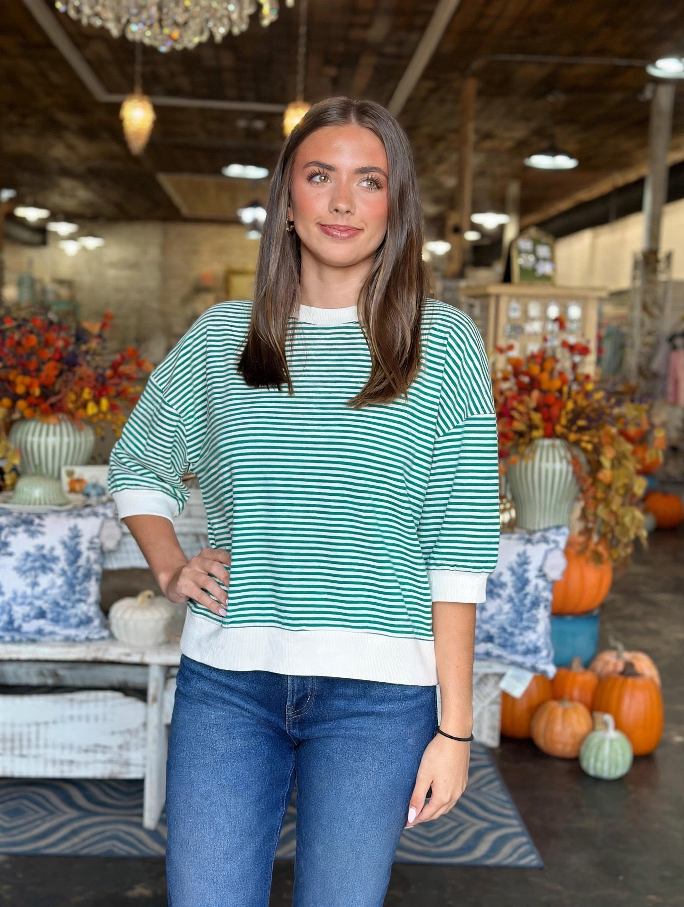 Hunter Green striped contrast, trim, rib, banded top.