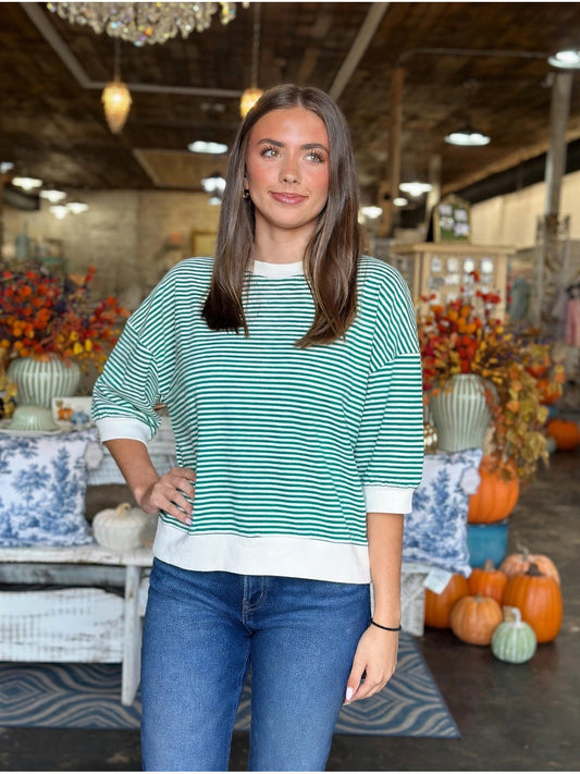 Hunter Green striped contrast, trim, rib, banded top.