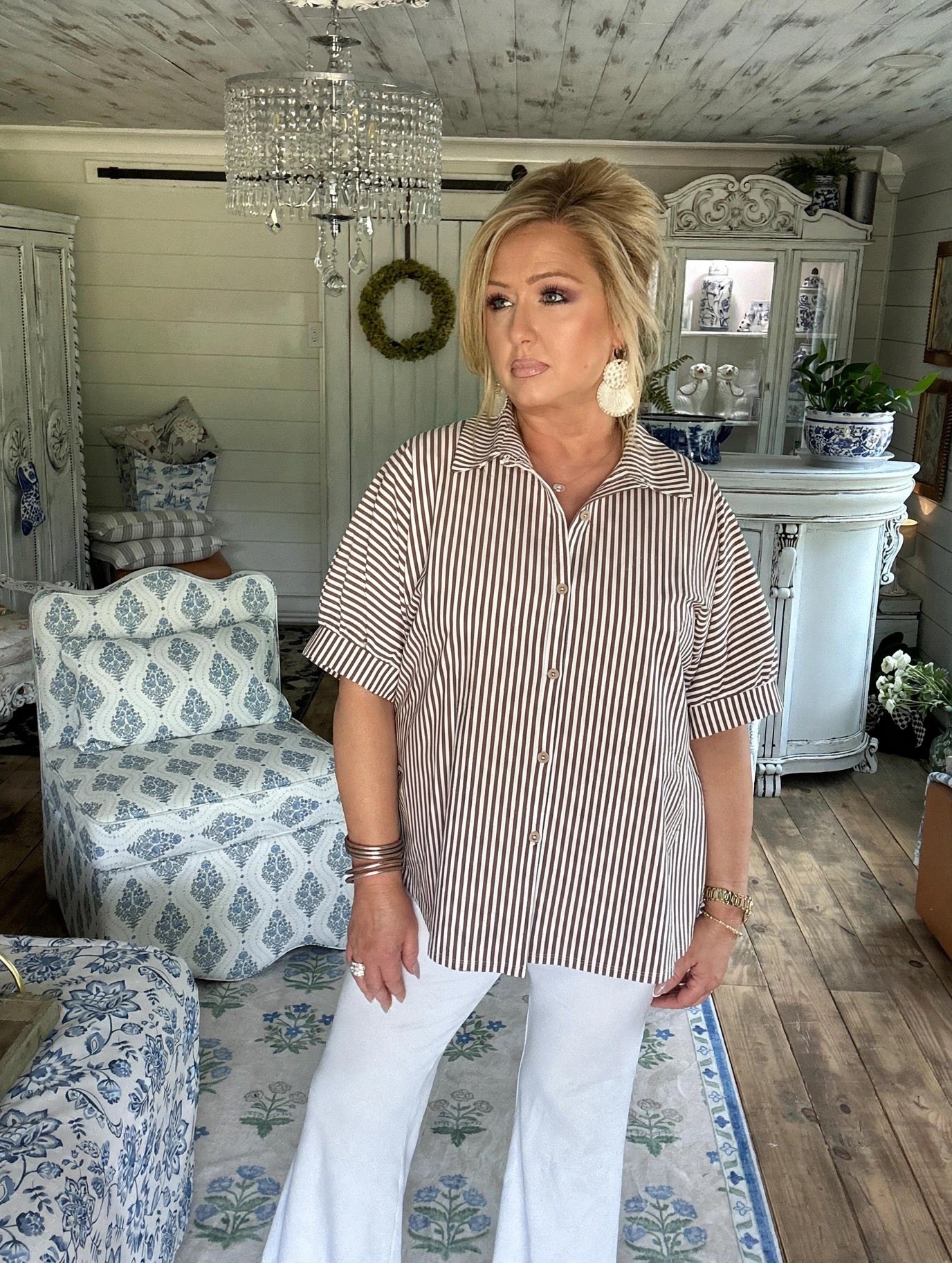 Mocha plus oversized stripe button down, stretch knit shirt.
