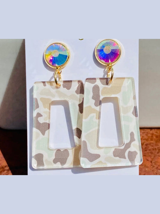 Neutral Camo Earrings with Ab Crystal Studs