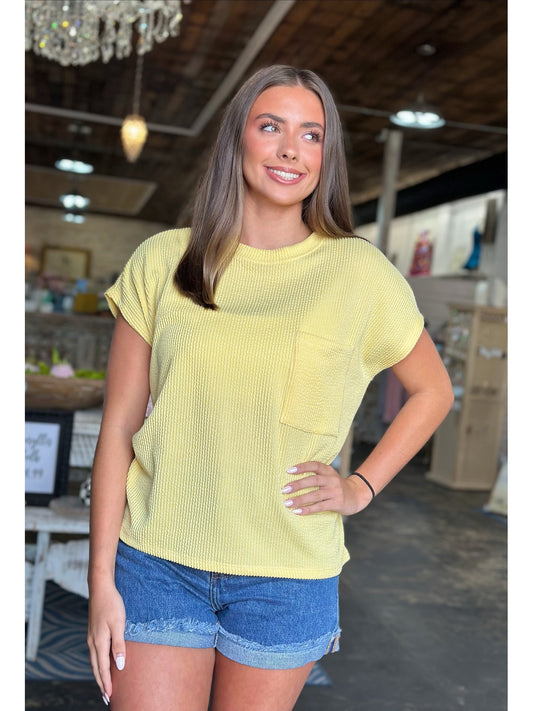 Yellow Solid Ribbed Top With Pockets