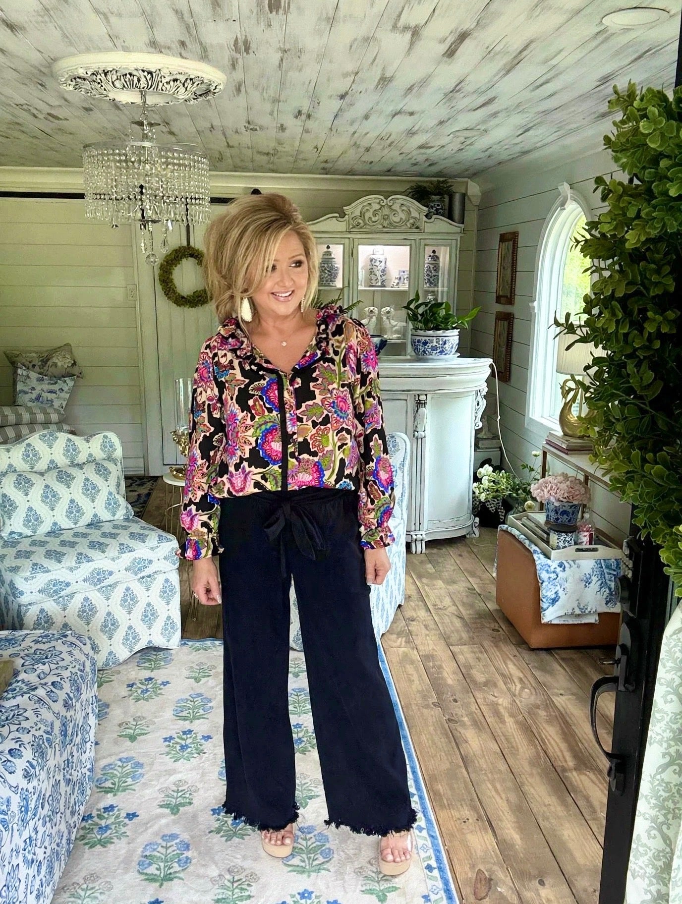 Black Mixed Floral Print Button
Down Blouse