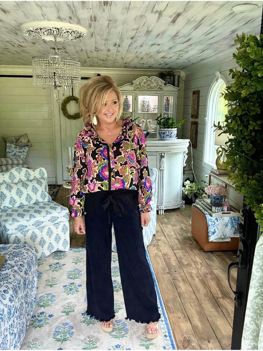 Black Mixed Floral Print Button Down Blouse
