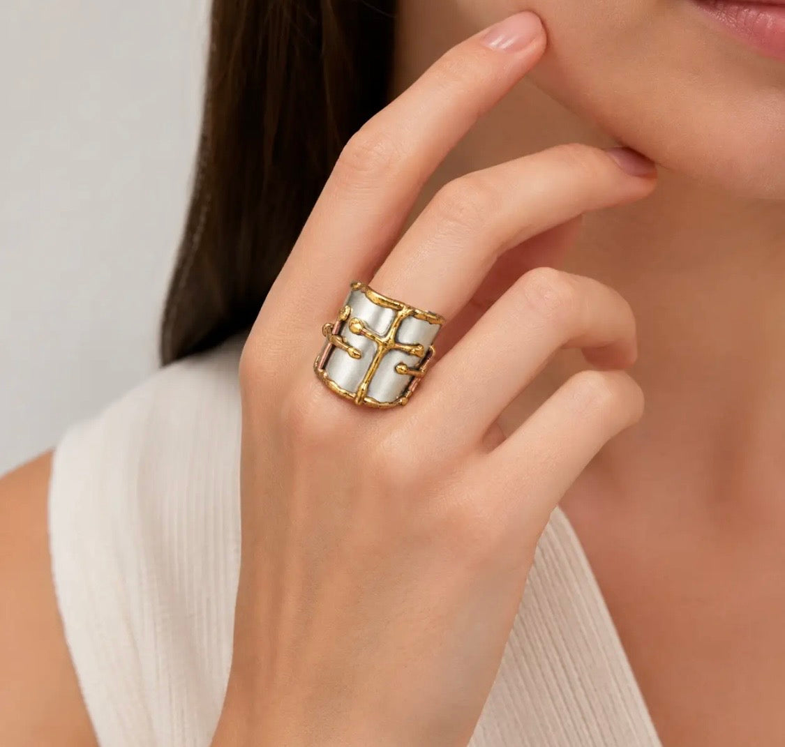 Mixed Metal Cuff Ring with Cross