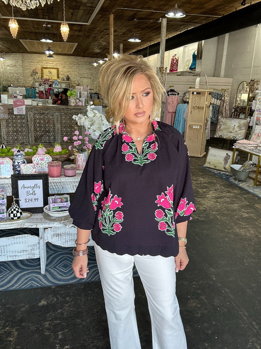 Black Bubble Sleeved Tulip Print Split V Neck Top