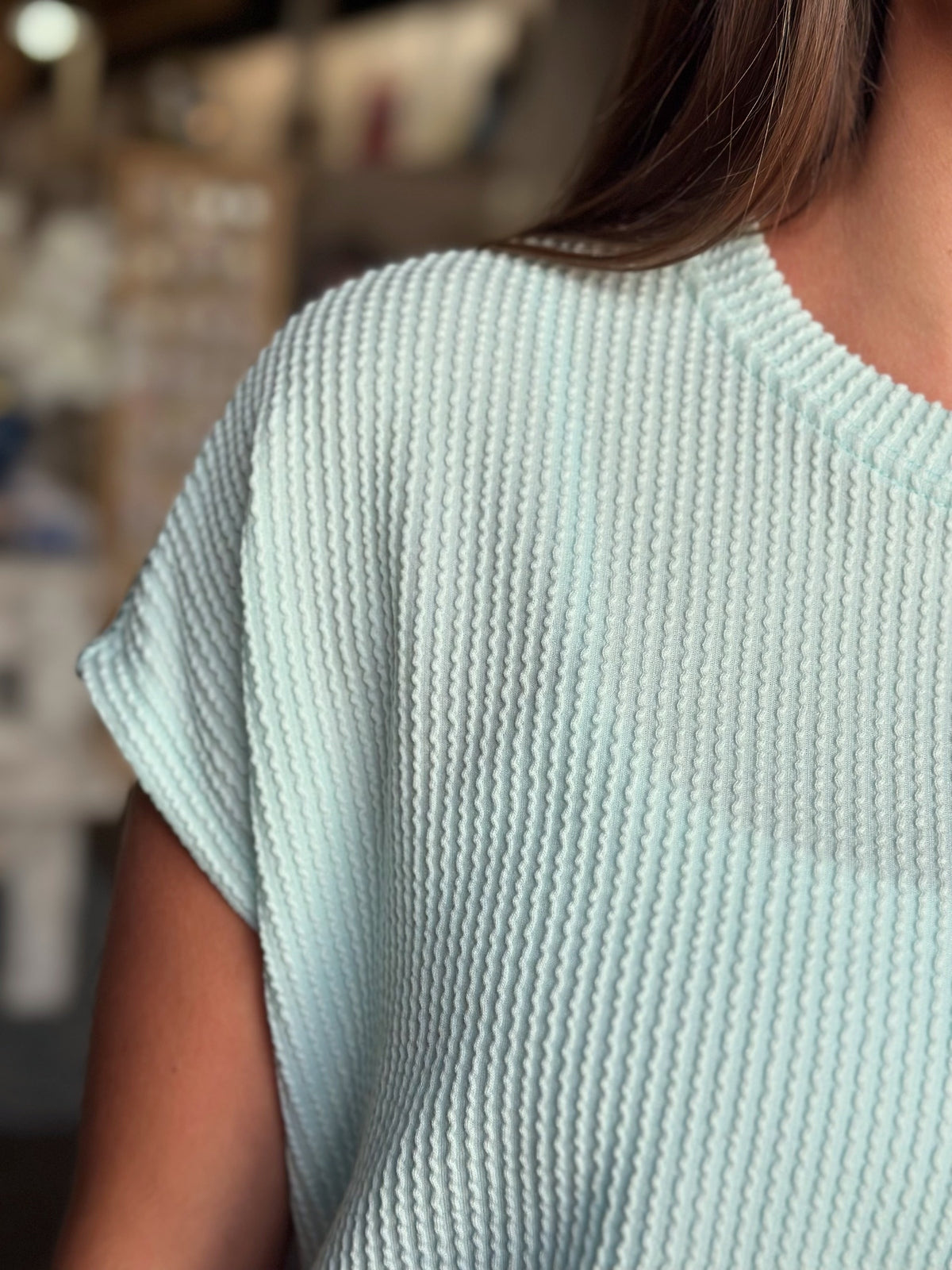 Mint Solid Ribbed Top With Pocket