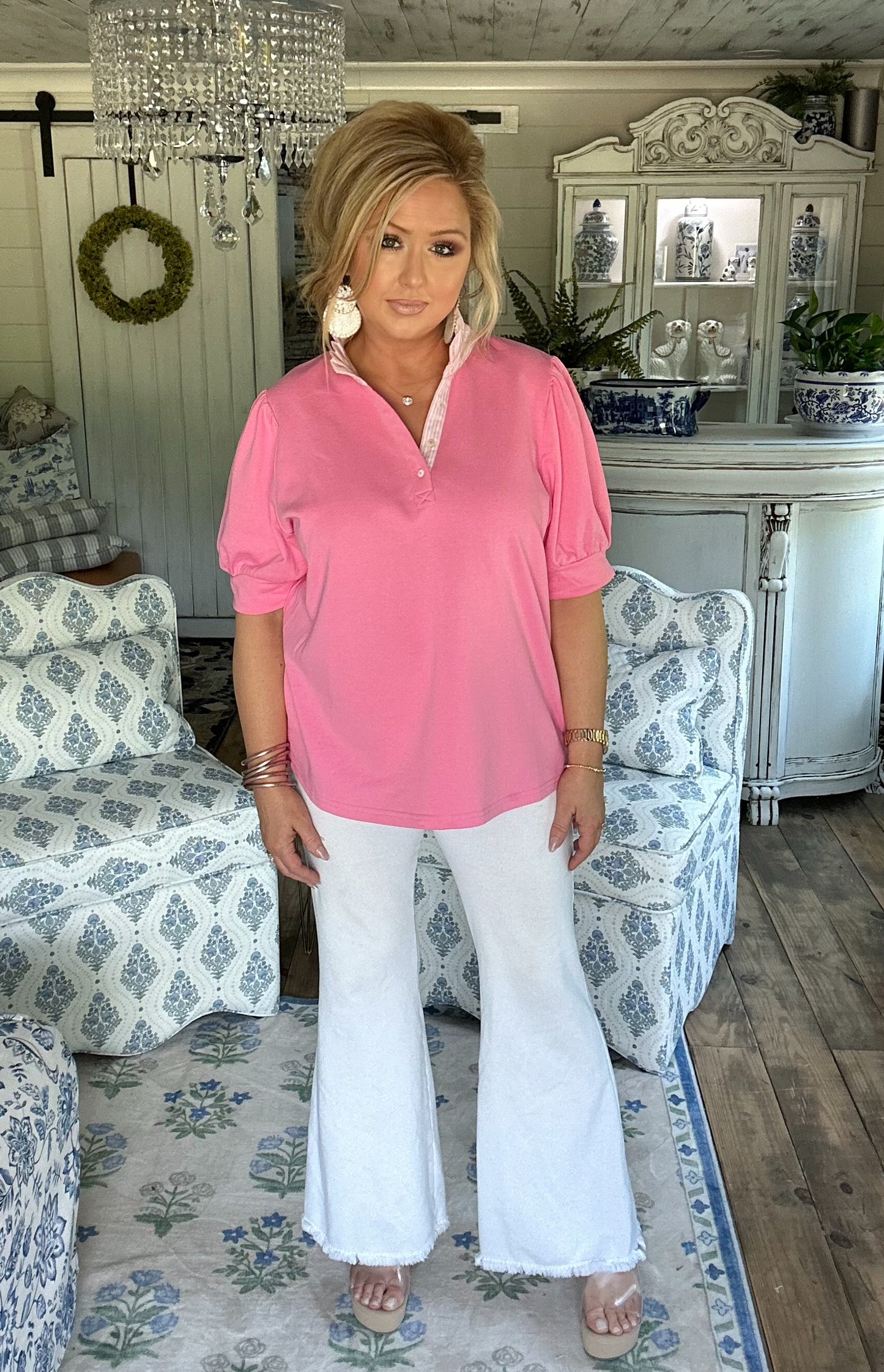 Bubble, pink, high ruffle neck top