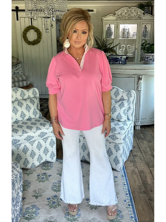 Bubble, pink, high ruffle neck top