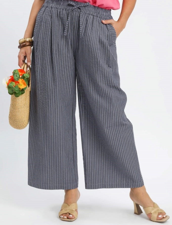 Navy striped wide leg pants