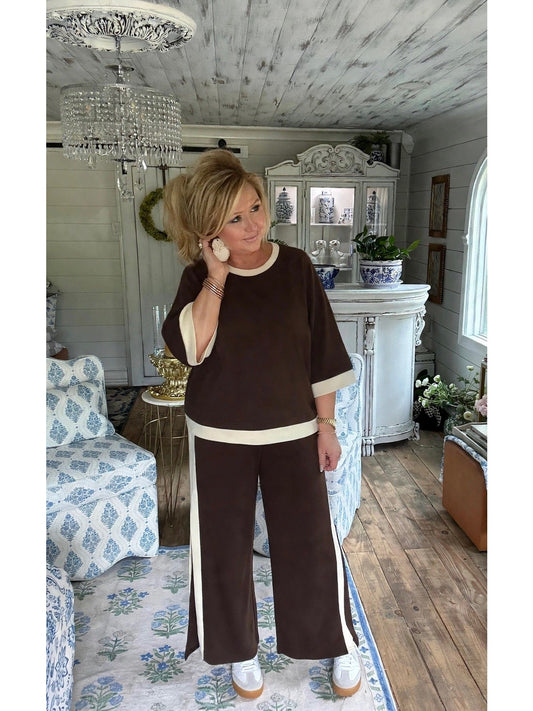 Coco Brown LUXEKNIT Colorblock Crewneck Raglan Sleeve Top & Pant Set