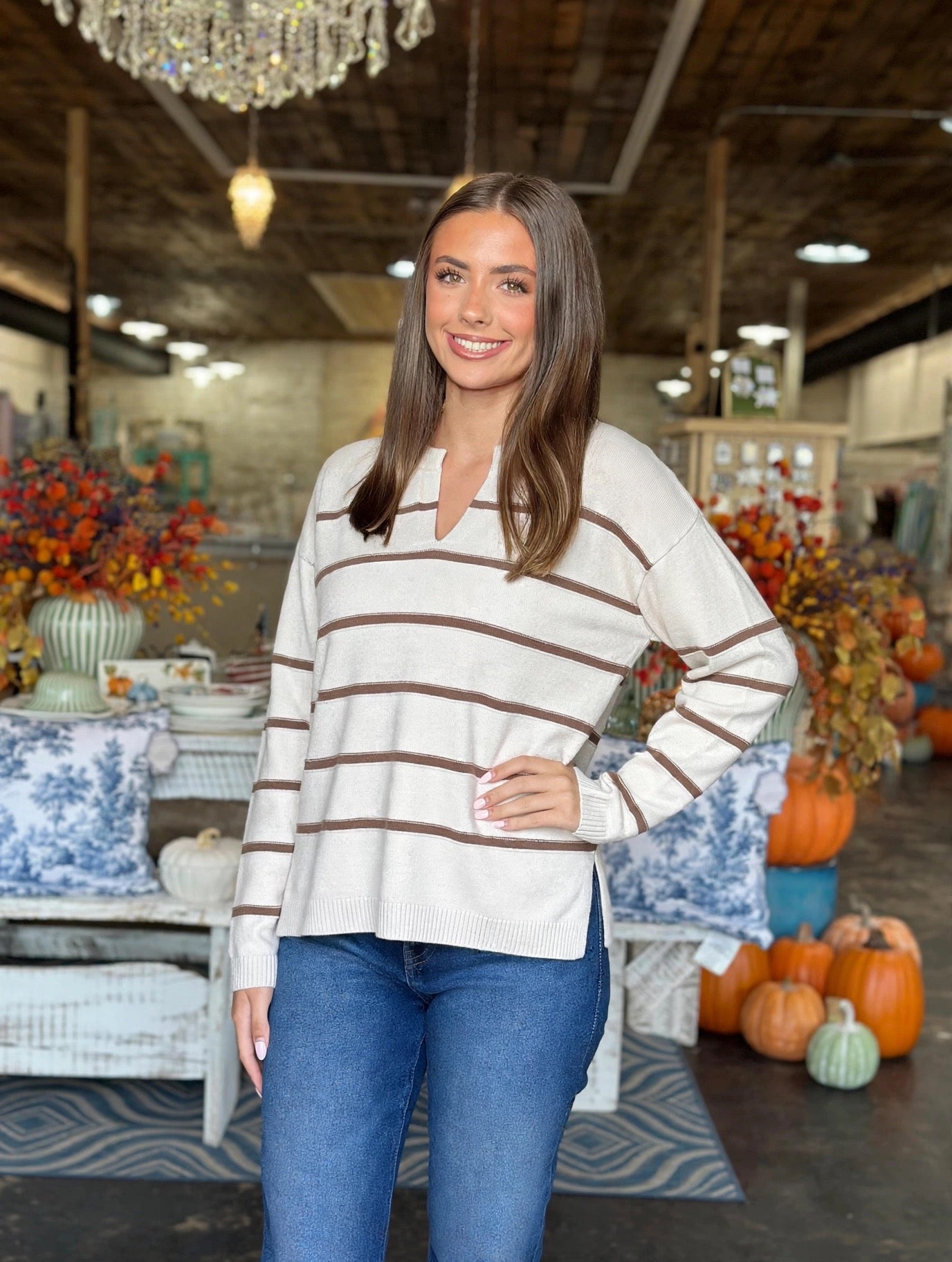 Bone/Brown Viscose Split Neck Striped Sweater