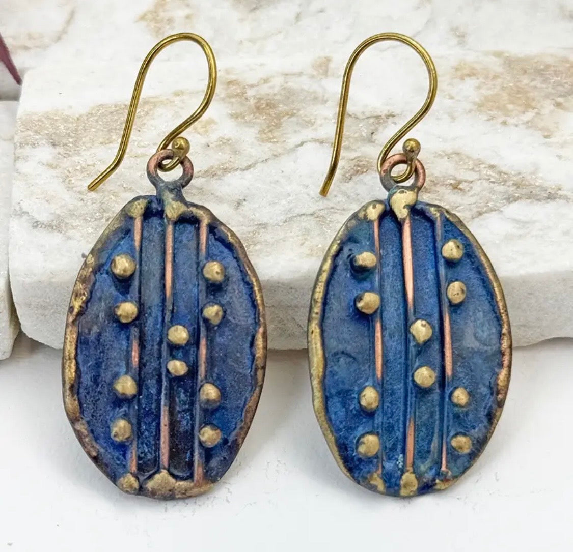 Handcrafted Navy Blue Dotted
Line Brass Patina Earrings