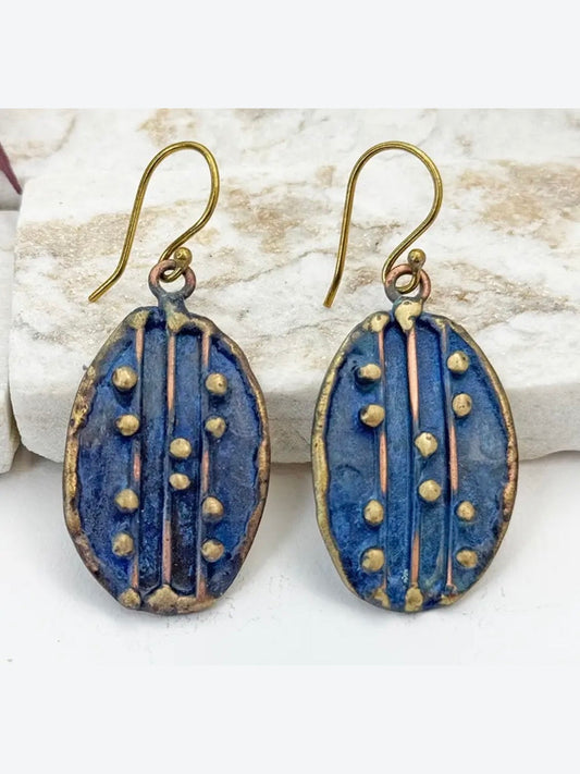 Handcrafted Navy Blue Dotted Line Brass Patina Earrings