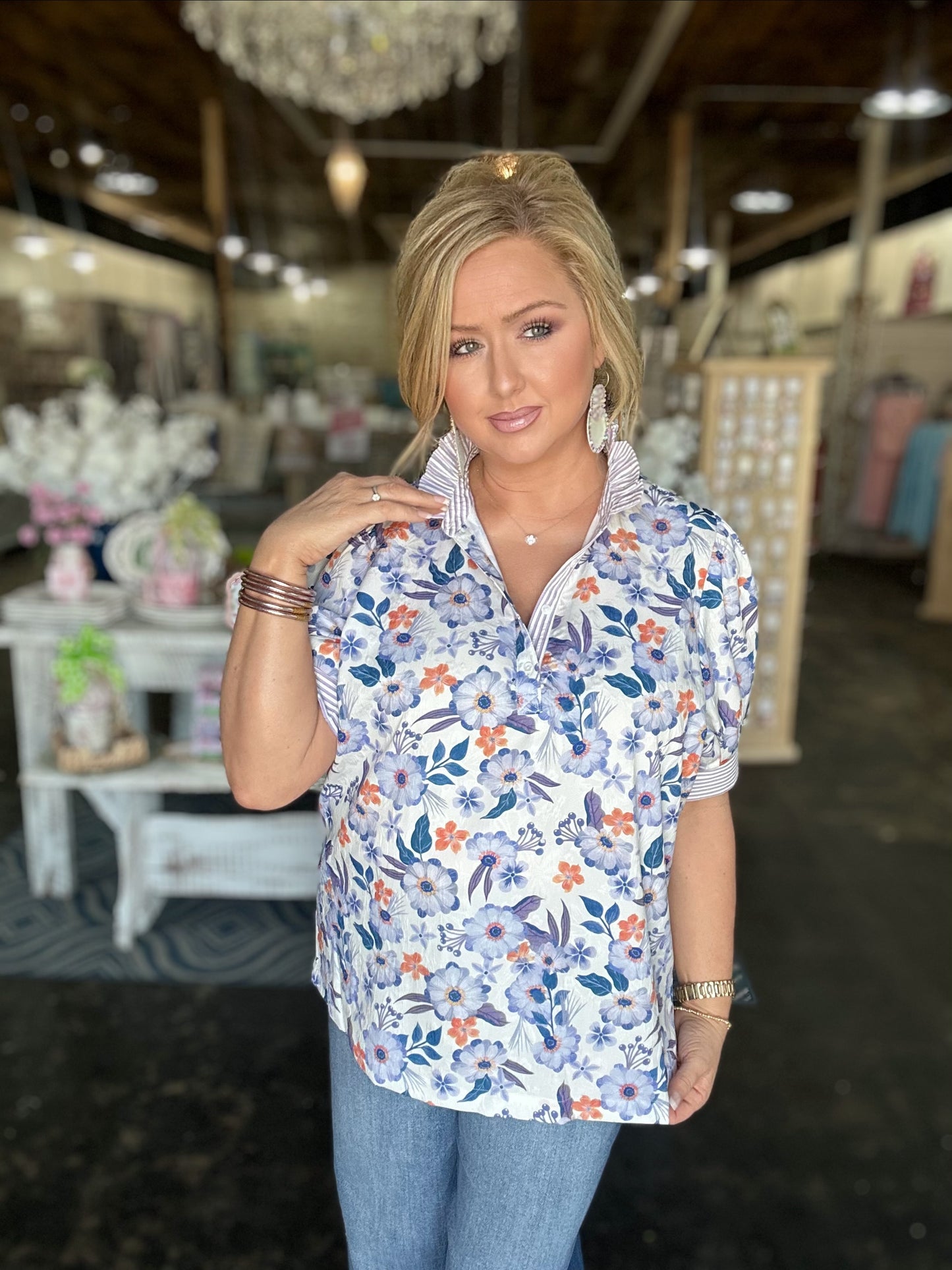 Lavender Mix Floral Print Jacquard Ruffle Top