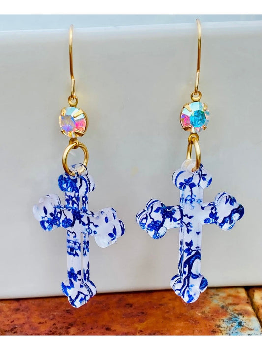 Blue and white floral chinoiserie cross earrings