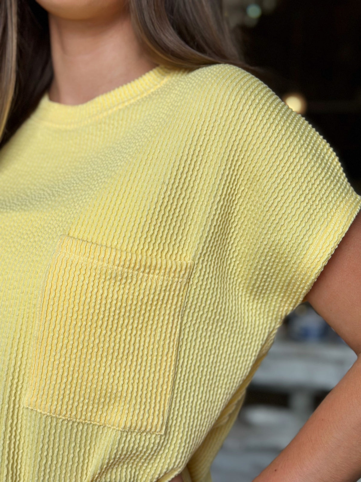 Yellow Solid Ribbed Top With Pockets