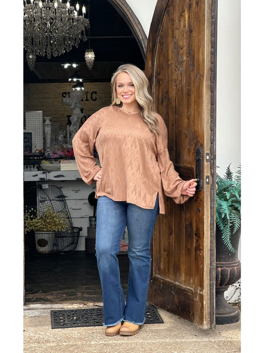 Mocha V-Neck Long Sleeve Top