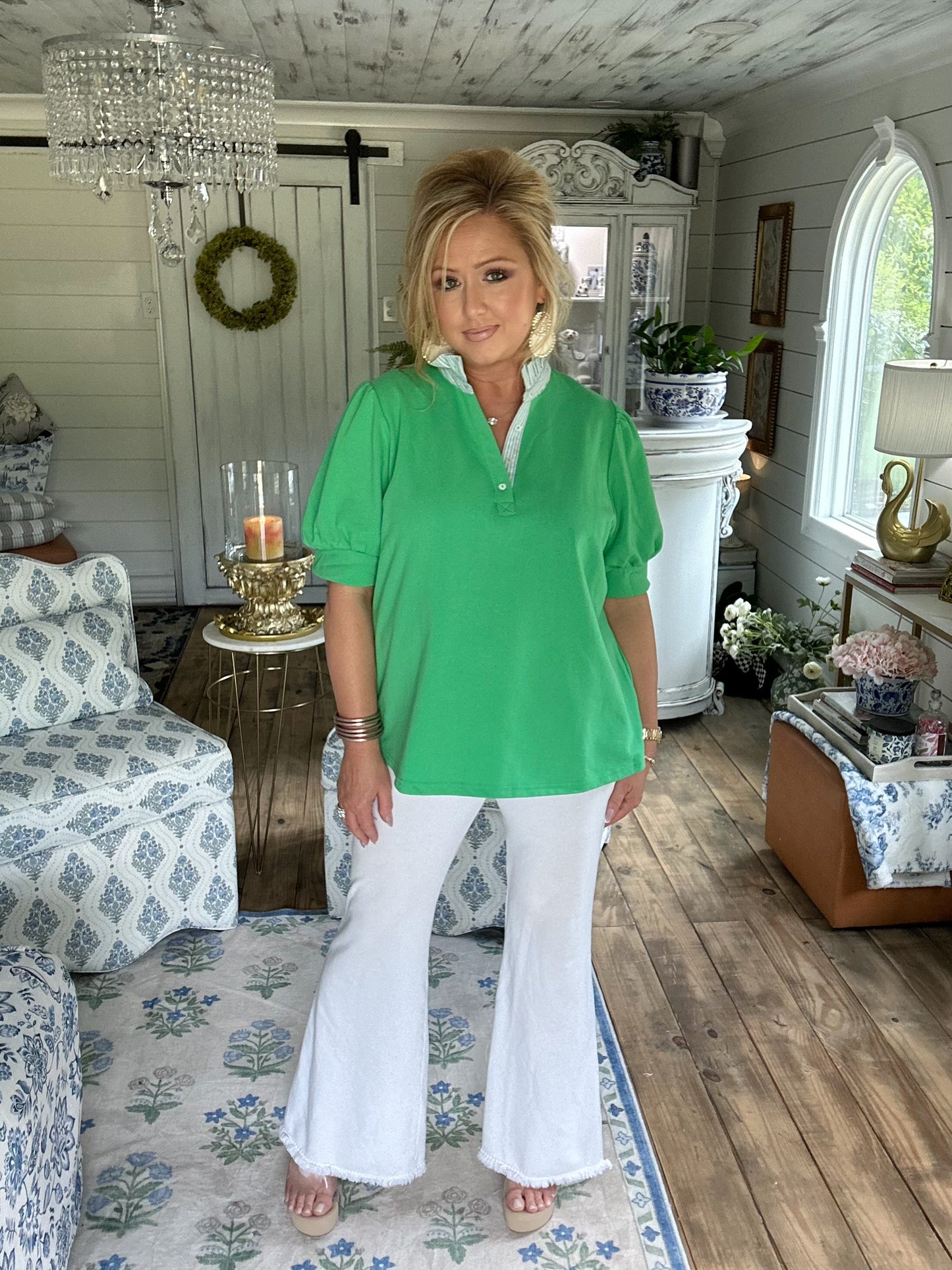 Apple green high ruffled neck top.