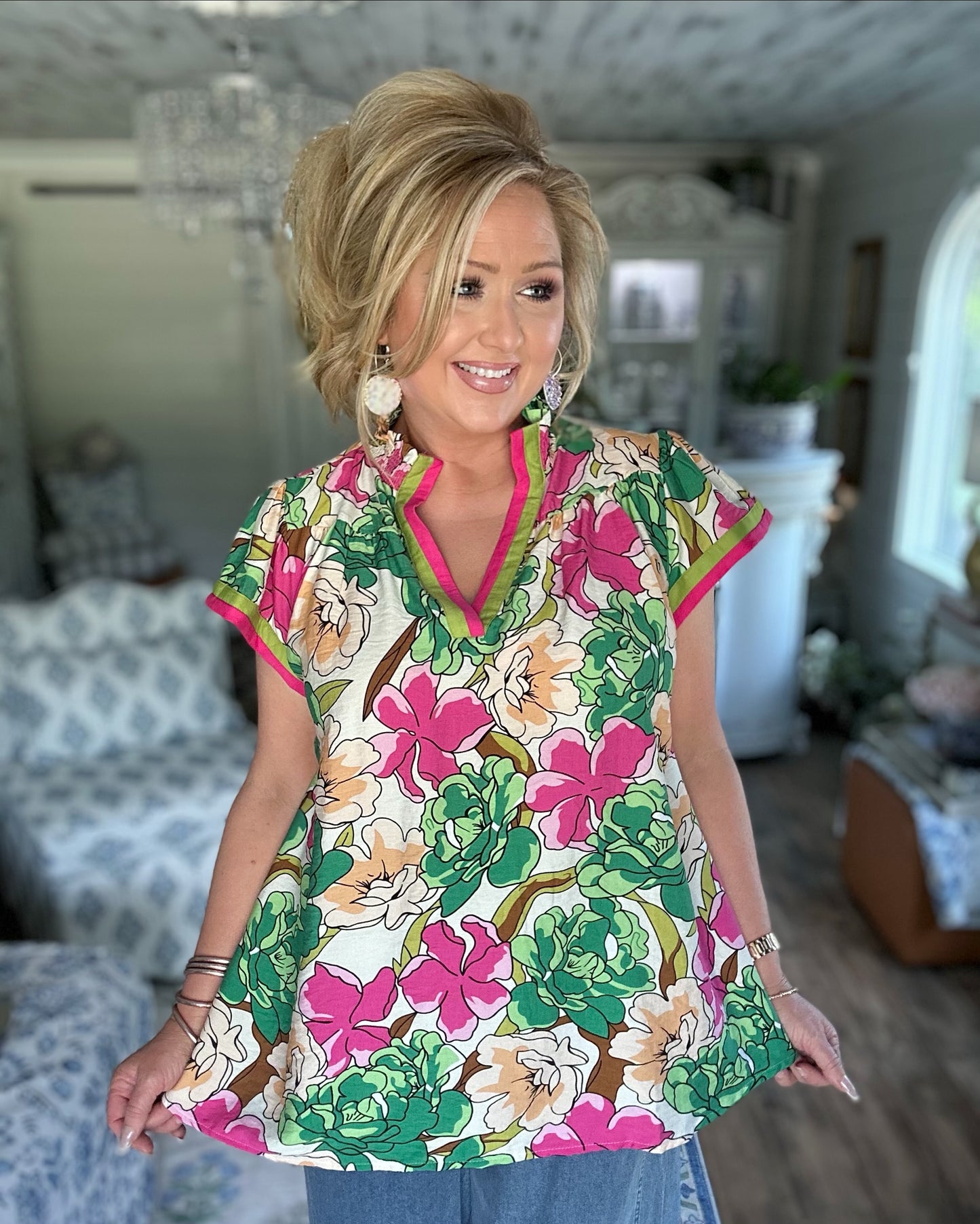 Green mix floral print blouse