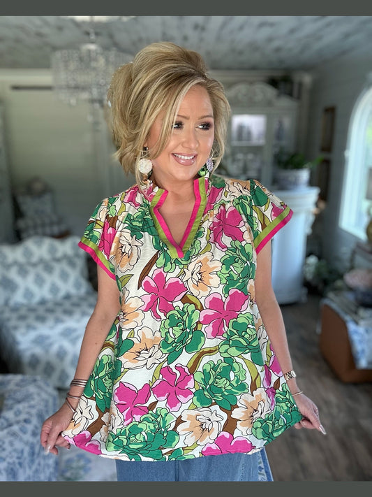Green mix floral print blouse