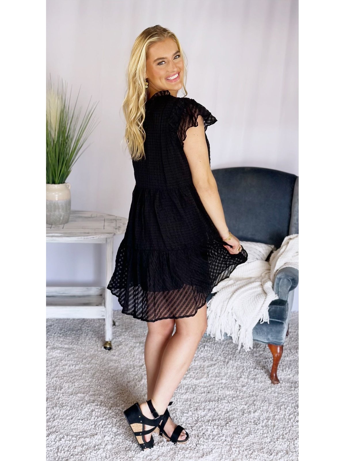 The NightFall Textured Round Neck Ruffle Dress