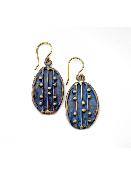 Handcrafted Navy Blue Dotted Line Brass Patina Earrings