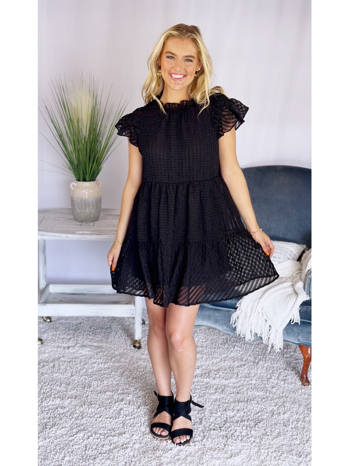 The NightFall Textured Round Neck Ruffle Dress