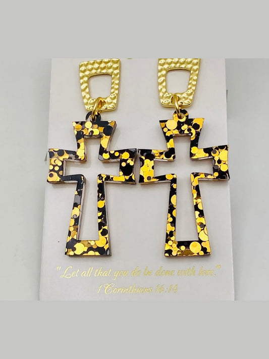Crucifix Black and Gold Cross Acrylic Earring