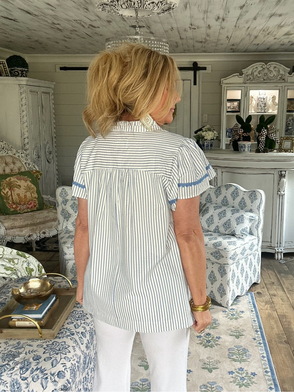 Blue Stripe Trim Pleated V-Neck Top