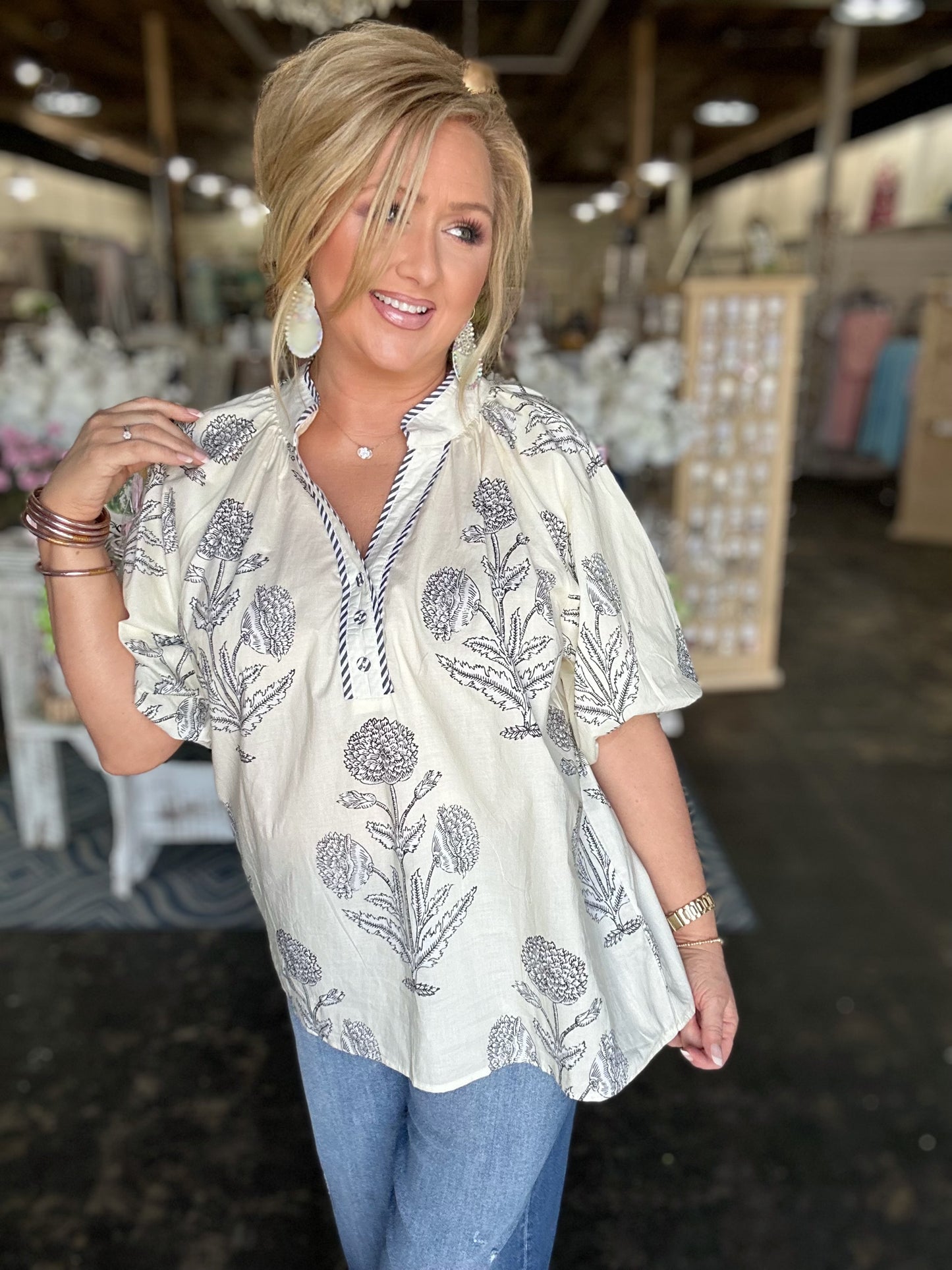 Ecru/Black Floral V-neck Top