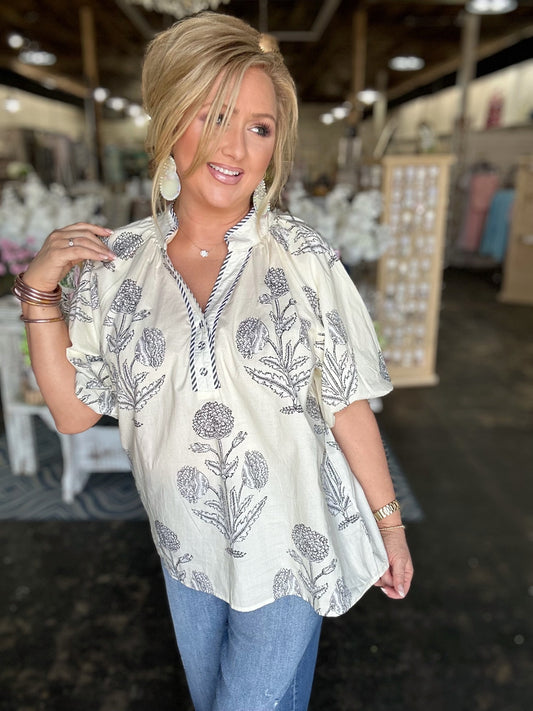 Ecru/Black Floral V-neck Top