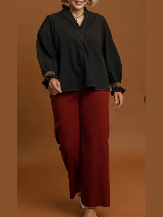 Black Chambray Blouse with Smocked Balloon Sleeves