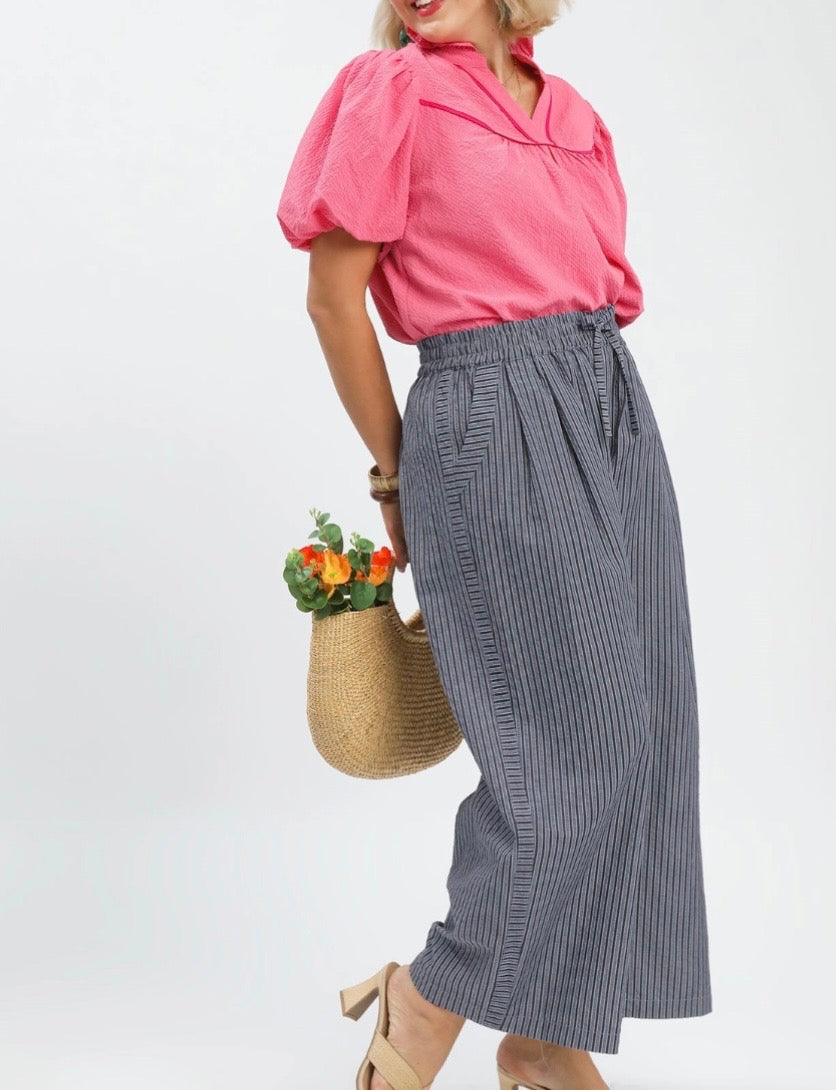 Navy striped wide leg pants