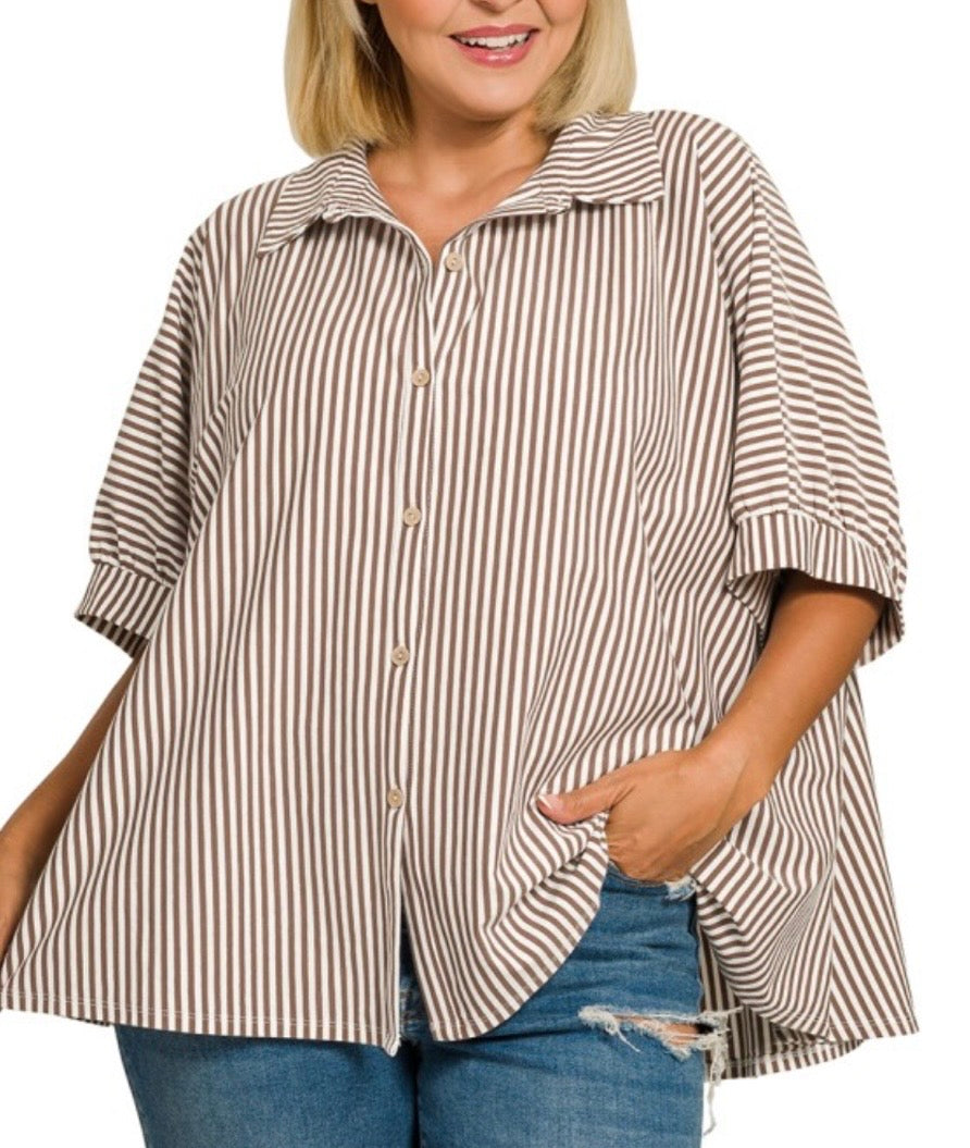 Mocha plus oversized stripe button down, stretch knit shirt.