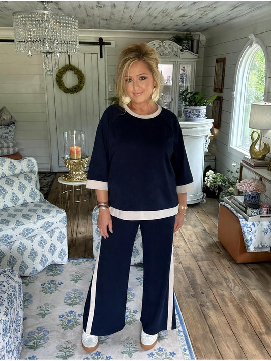 Midnight Blue LuxeKnit Colorblock Crewneck Raglan Sleeve Top & Pant Set