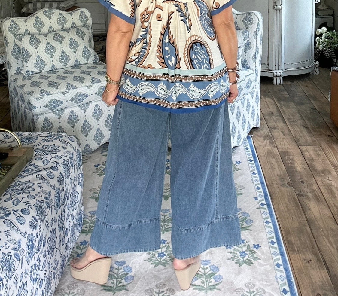 Lt. Denim Stone Washed Wide Leg Pants.