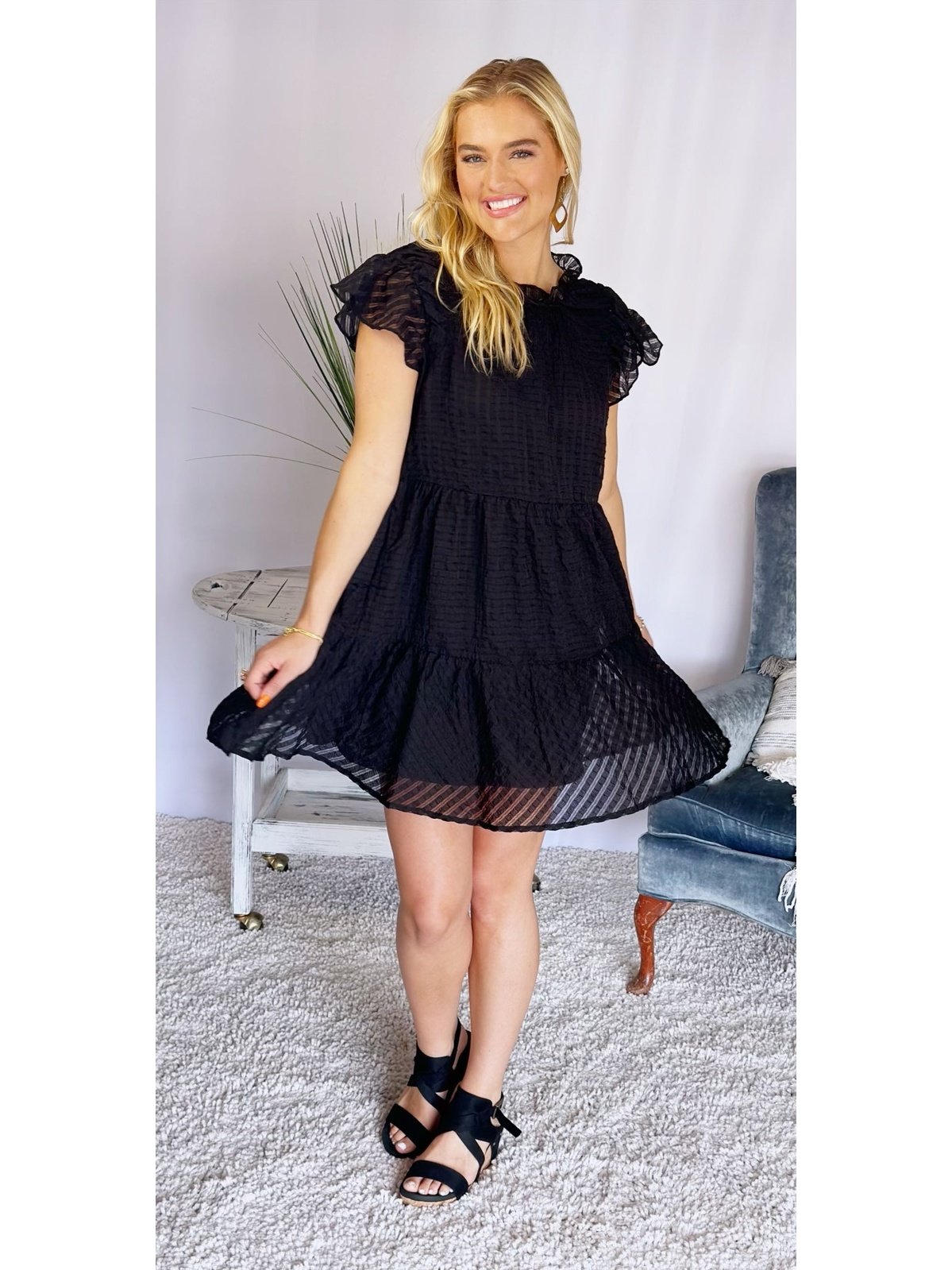 The NightFall Textured Round Neck Ruffle Dress