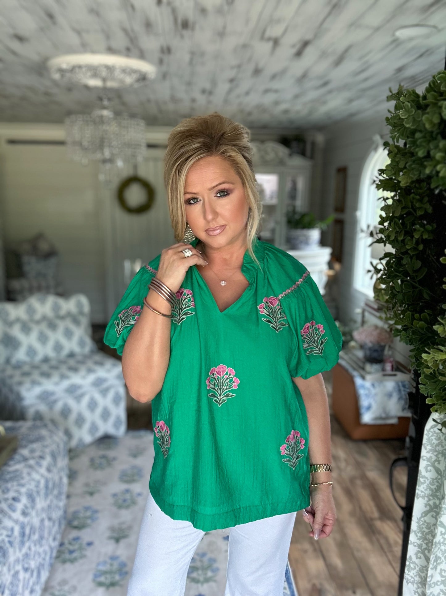 Kelly Green embroidered floral puff sleeve blouse