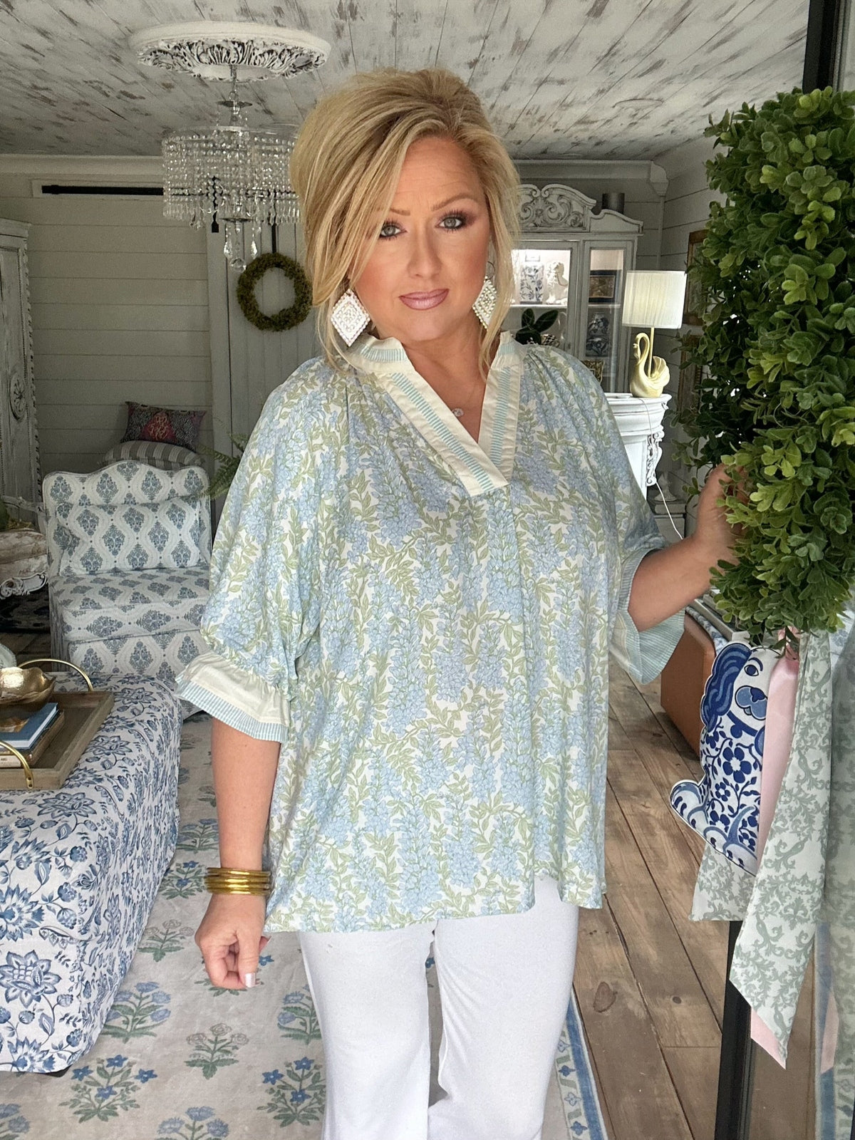 Spring Burst Print V-Neck Top