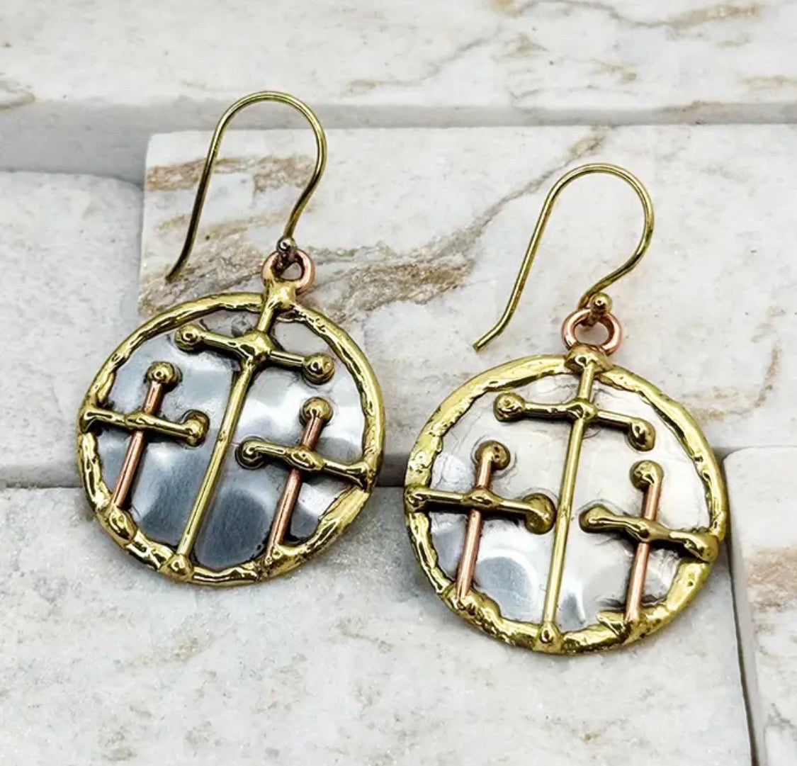 Handcrafted Mixed Metal Triple
Cross Earrings